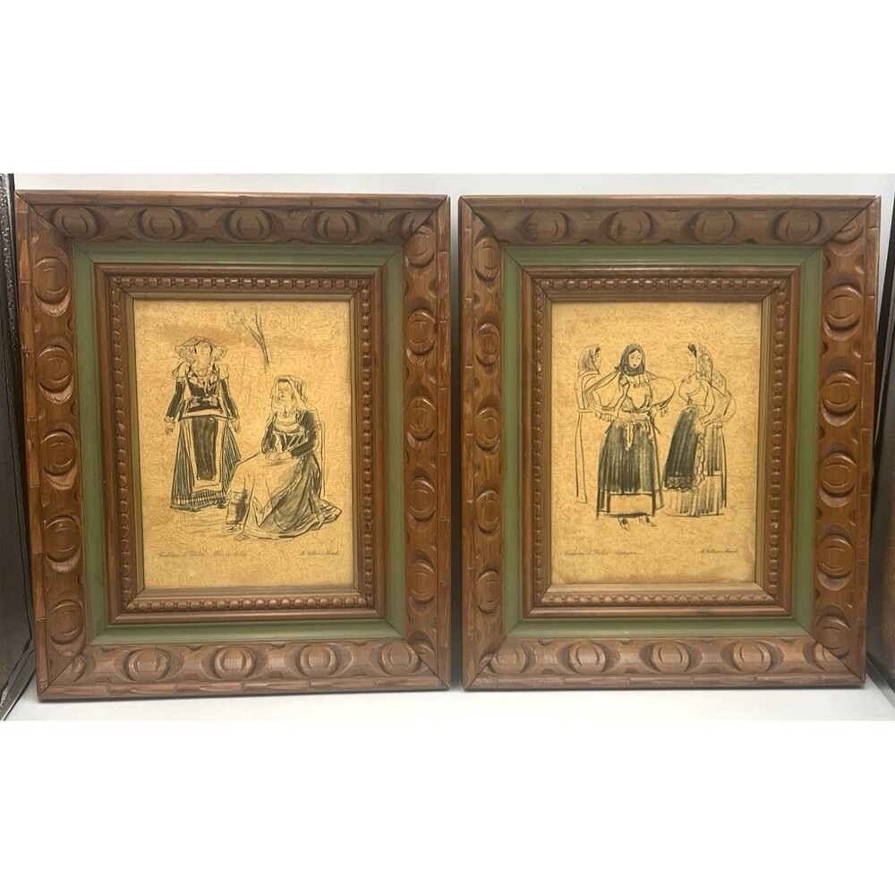 Pair Framed Prints Mario Vellani Marchi Costumi d'Italia Lithograph 11x13